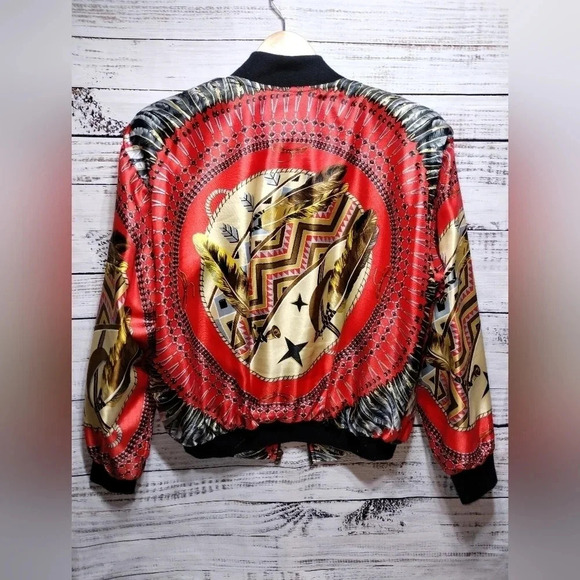 Southwest Pizazz Vintage Native Feather Design Bomber Jacket Western Maximalist - Picture 7 of 8